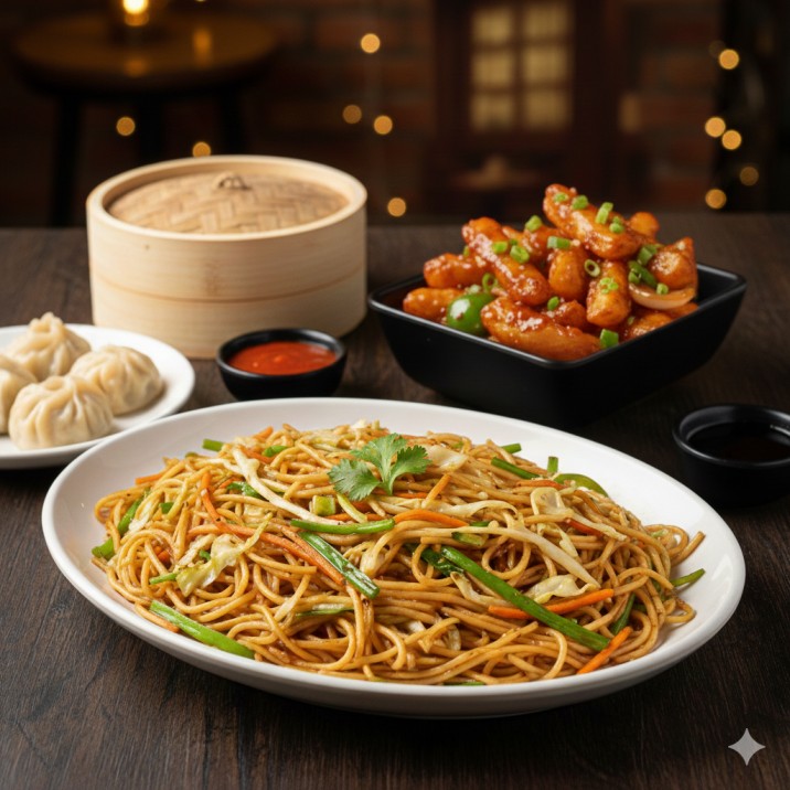 Veg Noodles and Chilli Potato and Veg Momo